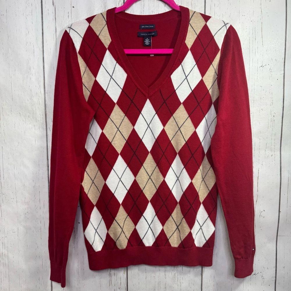 Tommy Hilfiger Red Argyle V Neck Sweater Mens M Preppy Classic Academia Golfwear